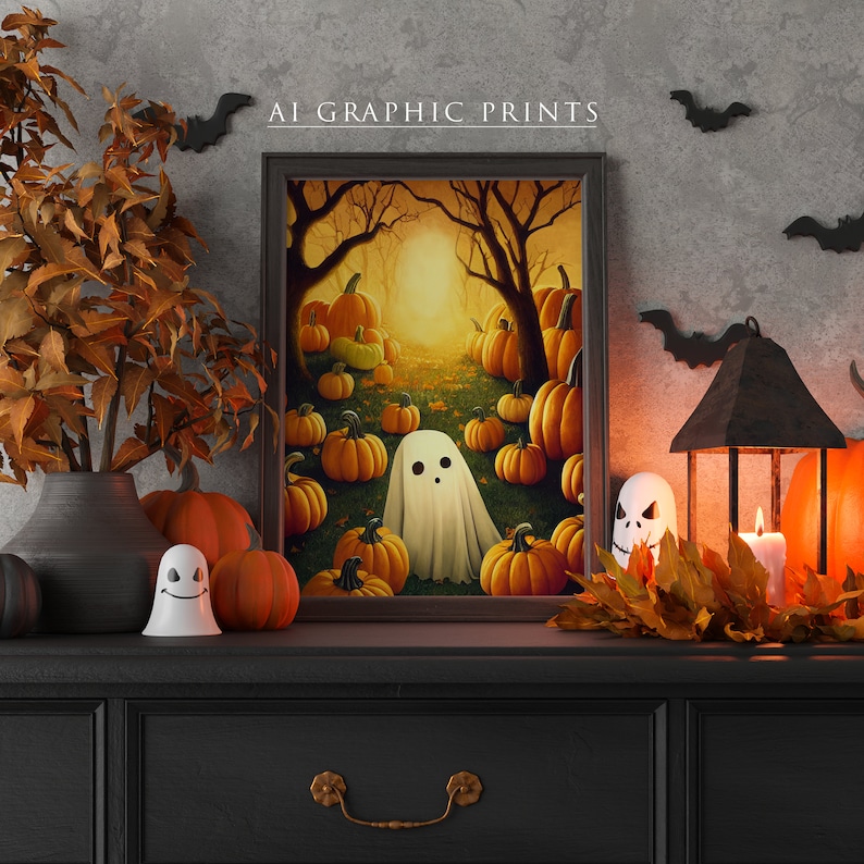 May include: A framed print of a spooky Halloween scene with a ghost in a forest of pumpkins. The print is on a black shelf with a ghost figurine and a lantern.