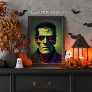 May include: A framed print of a green-skinned monster with red eyes, set on a black dresser with a black lantern, pumpkins, and fall leaves. The print is titled "AI Graphic Prints".