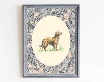 May include: A framed print of a golden retriever dog standing in a field of grass. The dog is surrounded by a floral pattern in shades of gray, pink, and white.