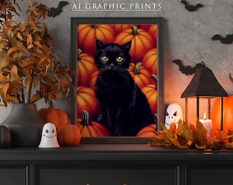 Schwarze Katze Kürbis Halloween Druck, Ai Wand Kunst Digital, Spooky Herbst Home Decor Poster für Wand, Süßes Oder Saures Vintage Dekoration für Party