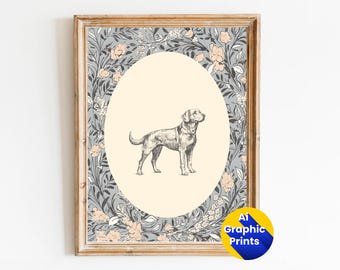May include: A framed print of a black and white illustration of a dog in a floral oval frame. The frame is a light wood colour and the background is a light blue with a floral pattern.