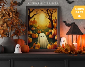 Ghost Pumpkin Ai Art Print Halloween, Ghost Ai Wall Art Print, Ghost Ai Prints, Spooky Ghost Wall Art, Ai Art Design, Horror, Fall Decor
