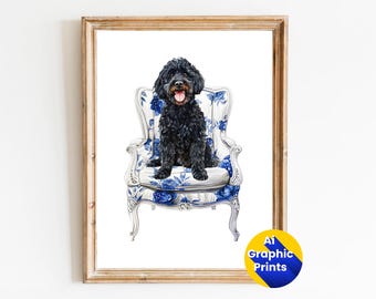 Black Doodle Dog Art Print: Chinoiserie Preppy Decor (Digital Download)