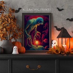 May include: A framed print of a spooky, green, skeletal creature with glowing eyes, standing in a dark forest with a lit candle. The print is on a black shelf with a ghost figurine, pumpkins, and fall leaves.