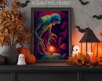Skelett Monster Ai Kunstdruck Halloween, Skelett Ai Wand Kunstdruck Spukschädel Kunst, Herbst Dekor, Sofort Download, Digitaldruck, printable