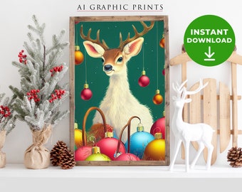 Rentier Weihnachten Ai Art Print Wand Poster Baby Rudolph Geweih Urlaub Weihnachtsdekor niedlich Retro Sofort Download Digitaldruck Printable