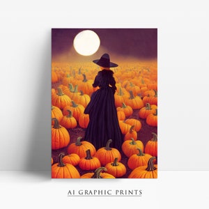 May include: A woman in a black dress and witch's hat walks through a field of orange pumpkins under a full moon.