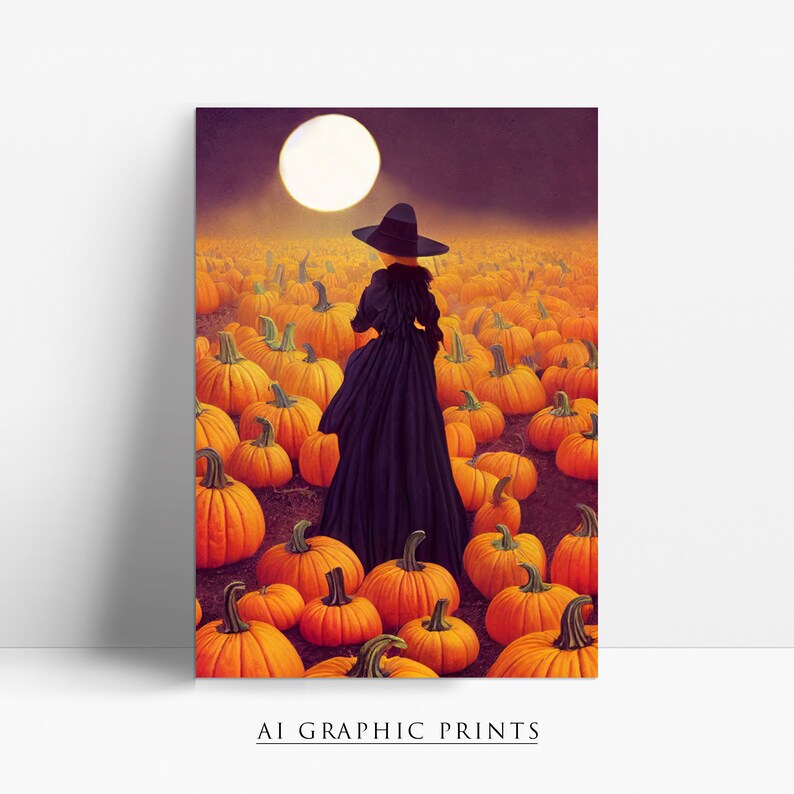 May include: A woman in a black dress and witch's hat walks through a field of orange pumpkins under a full moon.