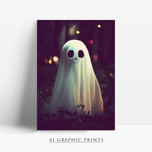 May include: A white ghost with a black skull face stands in a dark forest with glowing lights in the background.
