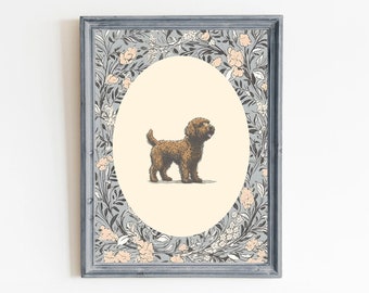 May include: A framed print of a brown dog with a floral border. The dog is standing in a cream-colored oval. The floral border is on a light blue background.