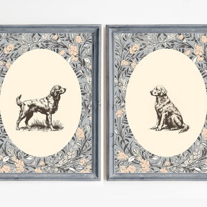 Dog Vintage Print Nursery Decor Golden Retriever Set of 2, Printable Wall Art, Pastel Vintage Floral, Nursery Wall Grandmilennial Art Girl