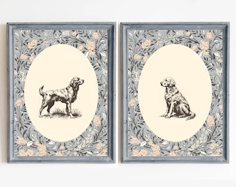 Dog Vintage Print Nursery Decor Golden Retriever Set of 2, Printable Wall Art, Pastel Vintage Floral, Nursery Wall Grandmilennial Art Girl