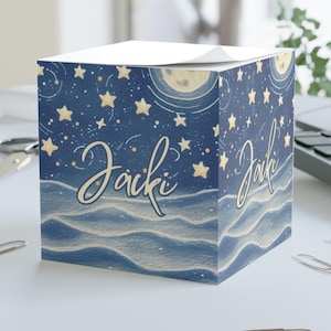 Kub med klisterlappar, personliga fullmånestjärnor, havsvågor, klisterlappar med eget namn, skrivbords- eller båsdekor, självhäftande anteckningsblock för kontoret