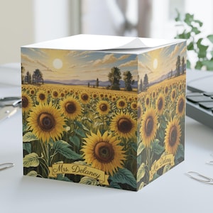 Solros-klistermärkeskub, personligt anteckningsblock, anpassat solros-anteckningsblock, solnedgångsklistermärken, blommig skrivbordsdekoration eller båsdekor