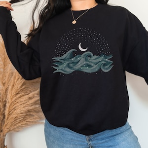 Moon Stars and Waves Unisex Heavy Blend Crewneck Sweatshirt Black