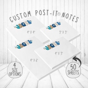 May include: Four different sizes of custom post-it notes with the word "JOCKI" in blue, brown, and teal colors with small flower accents. The sizes are 4" x 4", 3" x 3", 4" x 3", and 4" x 6". Each pack contains 50 sheets.