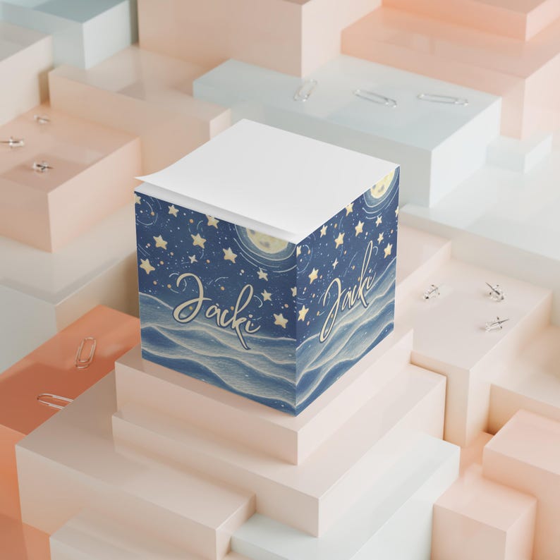 Sticky Notes Cubicle Sticky Note Cube, Personalized Full Moon Stars Ocean Waves Sticky Notes ...