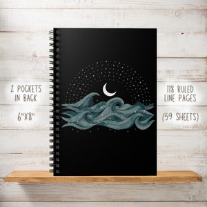 Cuaderno de cubierta suave en espiral con estrellas y ondas lunares, línea reglada, diario de escritura celestial hermoso y único, notas de estudio estético de la universidad escolar