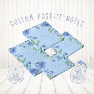 May include: Four blue floral patterned Post-it® notes in different sizes: 4" x 4", 4" x 6", 4" x 3", and 3" x 3". Each note pad has 50 sheets.