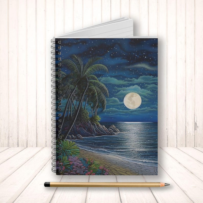 Spiral Notebook - Moonlit Island Beach, Journal, Ocean Waves Notebook ...