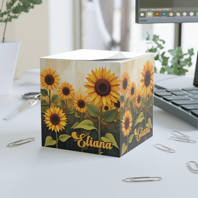 Sticky Notes Cubicle Personalized Sunflower Sticky Note Cube, Paper-cut Style Floral Memo ...