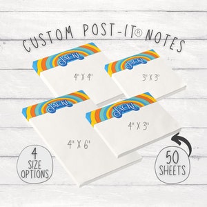 May include: Four different sizes of custom Post-it® notes with a retro rainbow design and the word "JACKI" in blue. The notes are available in 4" x 4", 4" x 6", 4" x 3", and 3" x 3" sizes. Each pack contains 50 sheets.