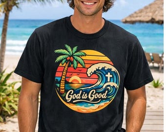 God Is Good Sunset Wave Tee | Christian Palm Tree Cross Beach Design