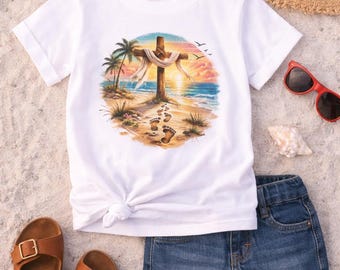 Cross on Beach Footprints Toddler Short Sleeve Tee | Mommy and Me