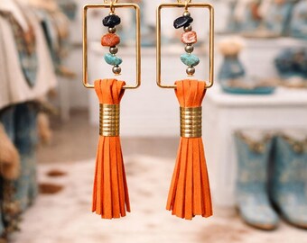 Western Boho Tassel Earrings, Turquoise Statement Earrings, Leather Fringe Earrings, Southwestern Jewelry, Cowgirl Gift for Her