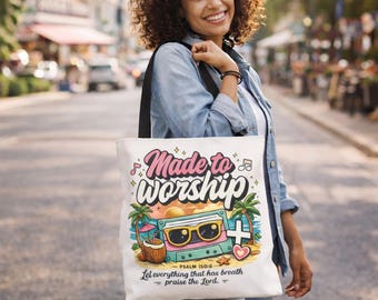 Retro "Made to Worship" Tote Bag | Psalm 150:6 Christian Beach Tote