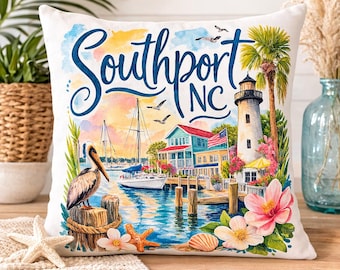 Southport NC Harbor Outdoor Pillow - Coastal Outdoor Decor