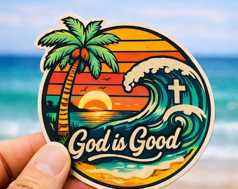 God Is Good Surf Sunset sticker | Palm Tree Cross Beach Kiss-Cut Sticker