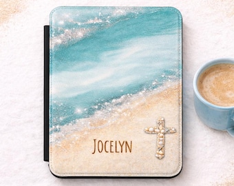 Personalized Kindle Cover Beach | Custom Name in Sand Kindle Case | Christian Gift for Her | Coastal Aesthetic | Philippians 4:13 Gift
