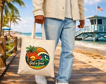 God Is Good Surf Sunset Tote Bag | Christian Beach Palm Wave Design