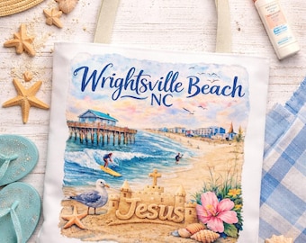 Wrightsville Beach Sand Scripture Tote | Coastal Faith Canvas Bag