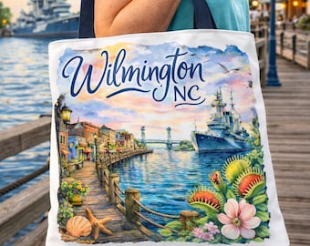 Wilmington NC Watercolor Harbor Scene Tote Bag | Coastal Lighthouse Beach Floral