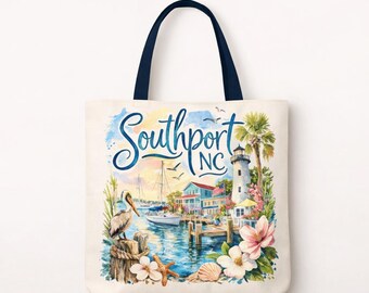 Southport NC Tote Bag, North Carolina Beach Tote, Coastal Watercolor Bag, 16x16 or 18x18 Large Tote, NC Souvenir Gift, Beach Lover Bag