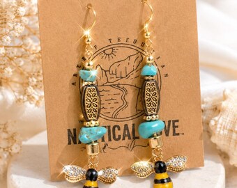 Bee Dangle Earrings Gold Turquoise Bee Earrings Gift for Bee Lover Rhinestone Bee Jewelry Nature Inspired Earrings