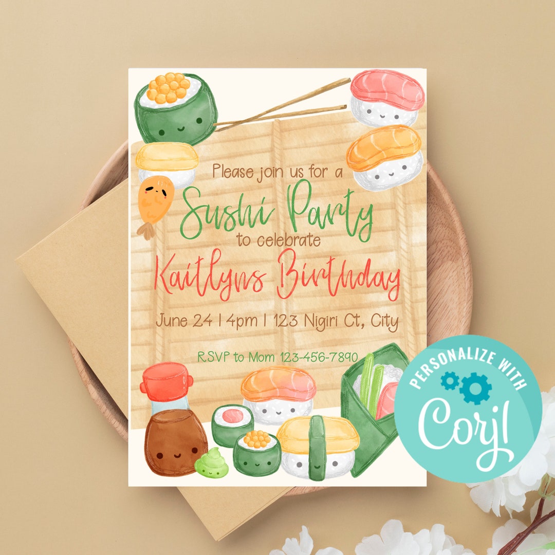 Editable Sushi Birthday Invitation Template Sushi Theme Party Sushi Boy