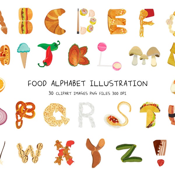 30 Food Alphabet Clipart-ABC Clipart-Food Wall Print-Nursery Room-Kids Wall-Foodie Illustration-Digital Download