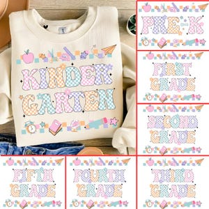 Retro Back to School Girls PNG Checkered Bundle, Kindergarten Kid Design, First Day Shirt PNG, Pre-K to Fourth Grade Png, School Girl File