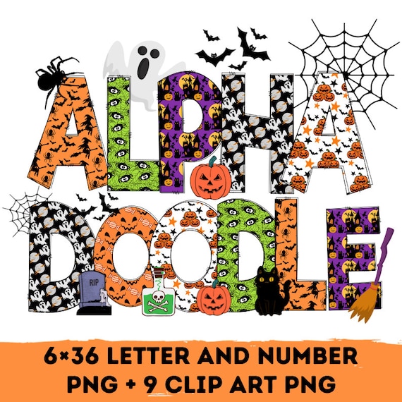 Halloween Doodle letters BUNDLE with Clip Art PNG Files, Make your own Name, Doodle Alpha Bundle, Halloween 2025 Clipart Alphabet Doodle png