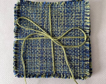 Handwoven coasters or mug rugs in cotton plain weave with fringe. Sets of 4.