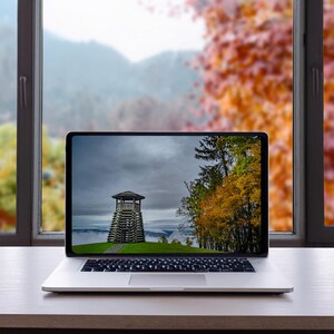 May include: A laptop computer with a gray and silver design is open on a wooden table. The laptop screen displays a photo of a wooden tower in a forest setting. The background is a blurry image of a window with fall foliage.