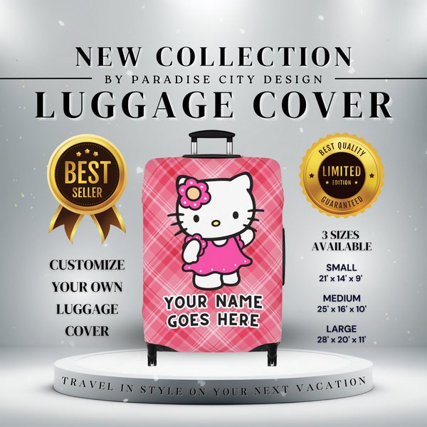 Custom Name Luggage Cover - Personalized Suitcase Cover - Baggage Protection - Spandex/Polyester Material - Pink Hello Kitty Plaid