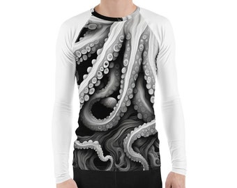 Męska koszulka typu rashguard Octopus Art | Długi rękaw | Surfing | Koszulka | Ochrona przeciwsłoneczna | UPF 50+ | Strój kąpielowy | Surfing | Czarno-biały | Kraken | Kałamarnica