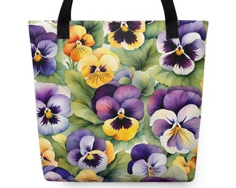 Watercolor Pansies Tote Bag | Pansy | Painted | Cottagecore | Garden Gift | Flower Purse | Original Art | Purple | February Birthday