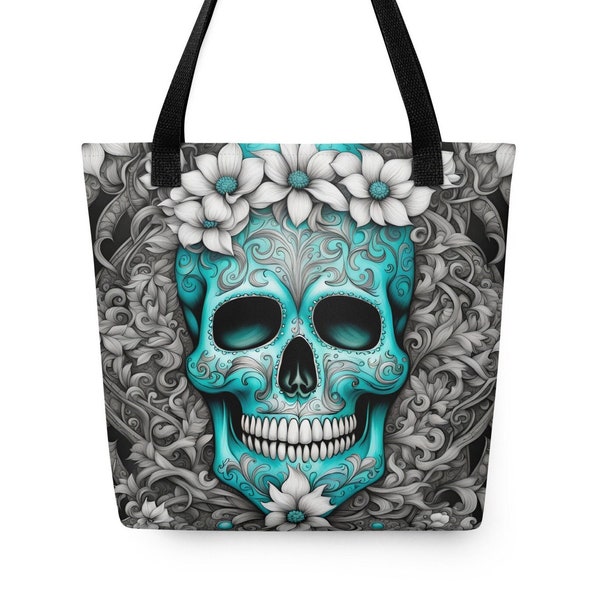 Sugar Skull Tote Bag | Calaveras | Turquoise | Sweetness of Life | Mexican | Day of the Dead | Carryall | Purse | Art Gift | Flowers |