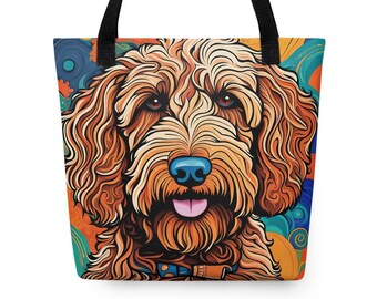 Labradoodle Art Tote Bag | Dog Gift | Original Art | Groovy | Hippie Boho | Doodle Mom Dad | Carryall | Bookbag | Golden | Psychedelic Retro