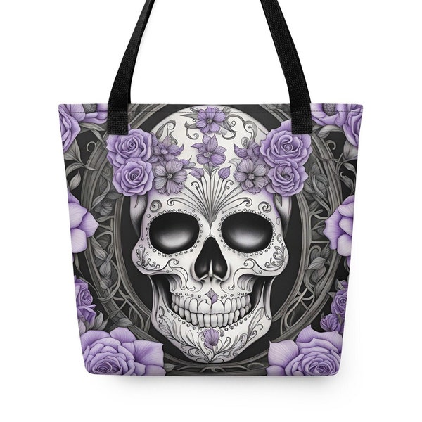 Sugar Skull Tote Bag | Calaveras | Purple Roses | Sweetness of Life | Mexican | Day of the Dead | Carryall | Purse | Gift | Flowers |